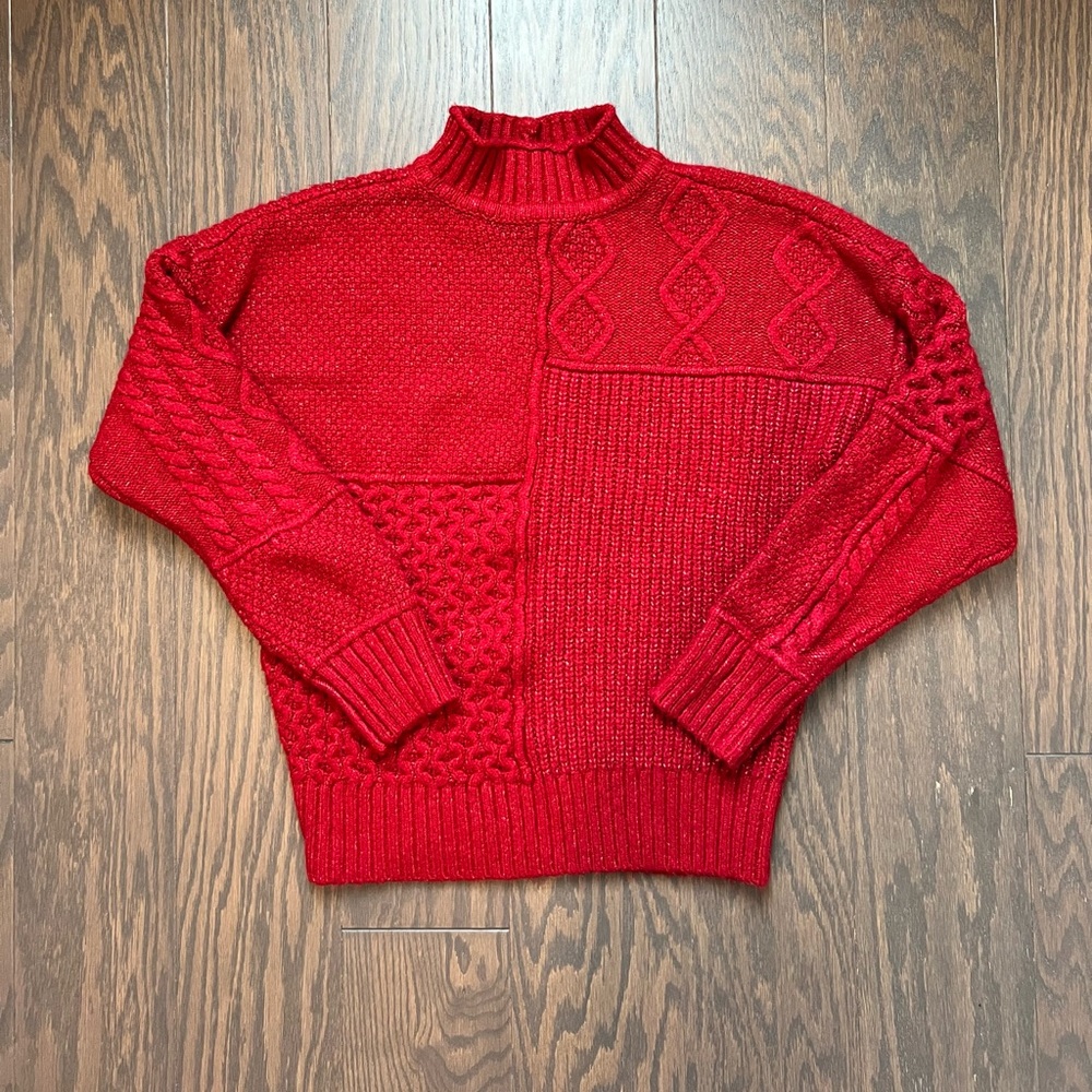 American Eagle Outfitters Red Patchwork Cable Turtleneck Sweater